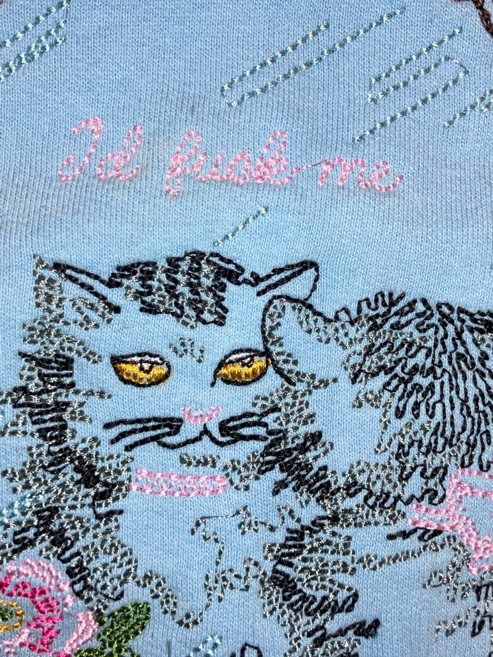 Fashion Brand Company Light Blue Cropped Sweatshirt with Cat Graphic